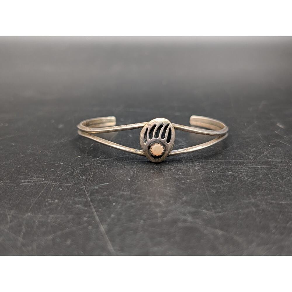 Vintage Navajo Child's Sterling Silver Bear Paw Cuff Bracelet MOP 6"
